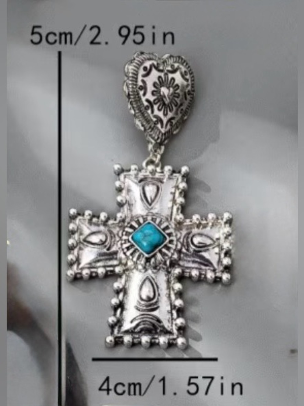 Western Silver Heart-Top Cross Drop Earrings with Turquoise Accent Cowgirl - Picture 6 of 6